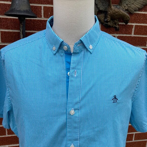 -Original Penguin Blue Gingham Button-Down S/S Heritage Slim Fit Shirt Sz Large - Picture 1 of 8